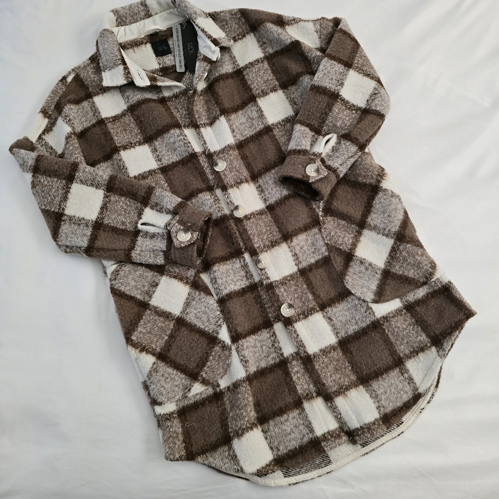 RDI Plaid Longline Sherpa Shacket Jacket Brown Cream Button Front NWT Medium - Picture 6 of 10